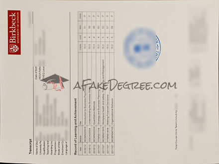 Fake Birkbeck, University of London transcript